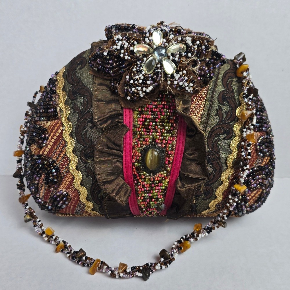 Vintage Mary Frances Boho Beaded Tapestry Clutch Purse Floral Gem Accent